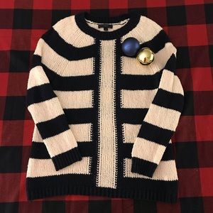 J. CREW NAVY AND CREAM CREWNECK SWEATER